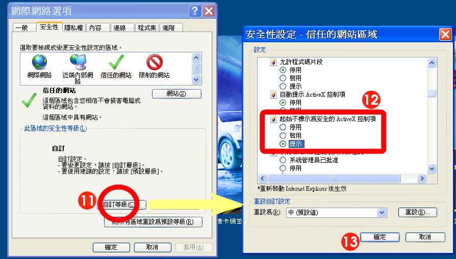 圖（五）IE瀏覽器－起始不標示為安全的ActiveX控制項